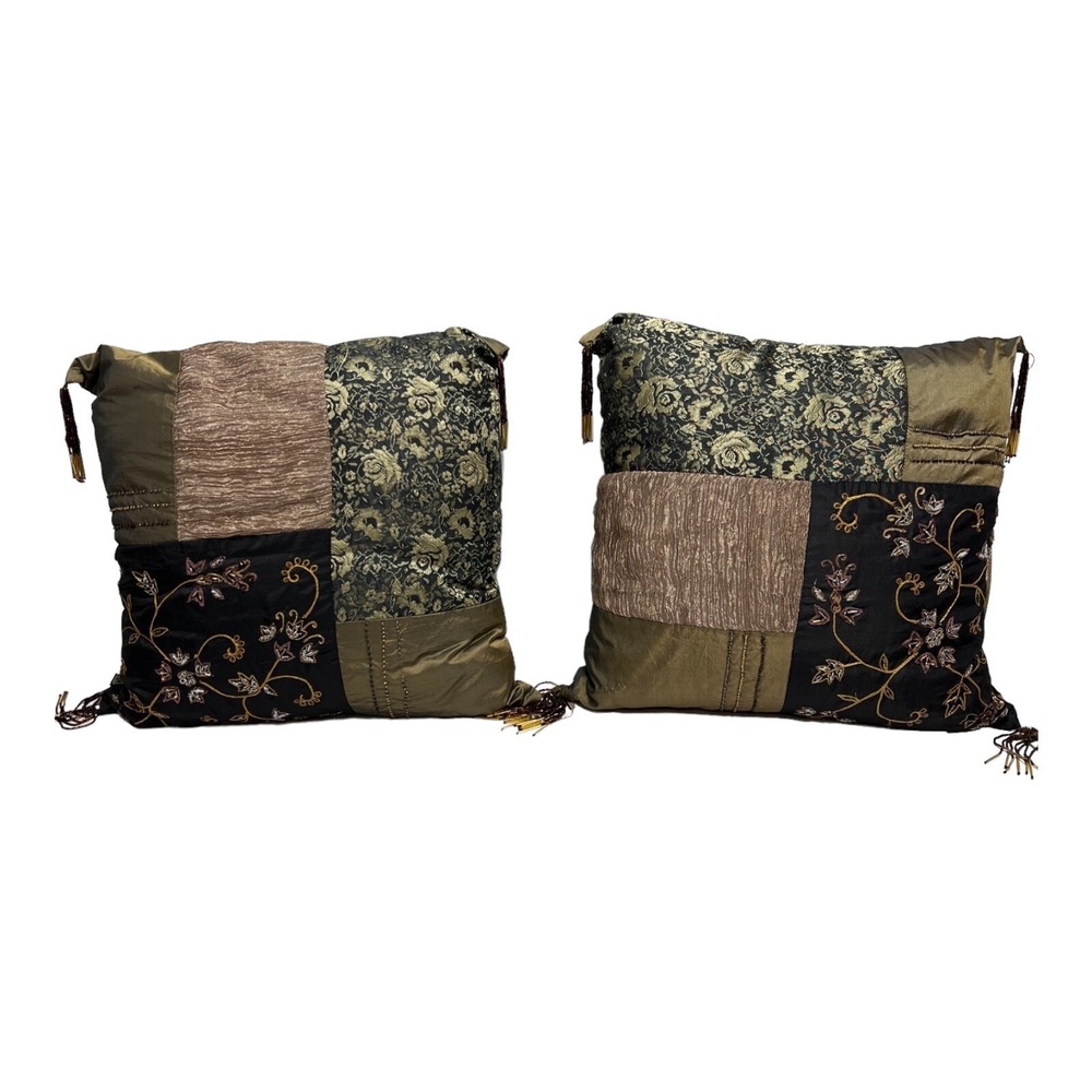 Borgata Mixed Print Embroidered Beaded Tassel Floral Pillows 14x14 Square